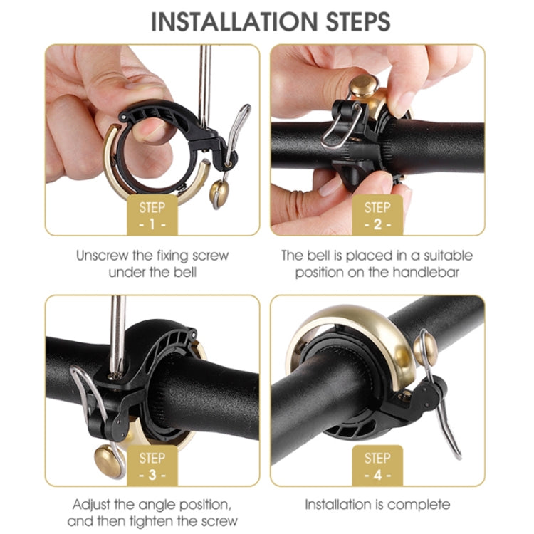 Bicycle bell installation steps shown with black clamp, silver parts, and golden dome