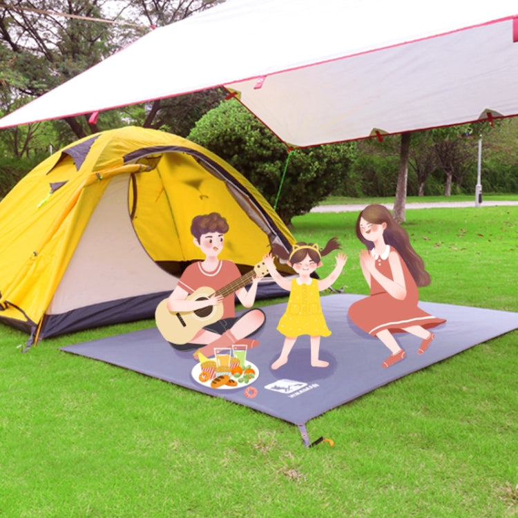 Grey waterproof picnic ground mat with printed cartoon scene and corner grommets