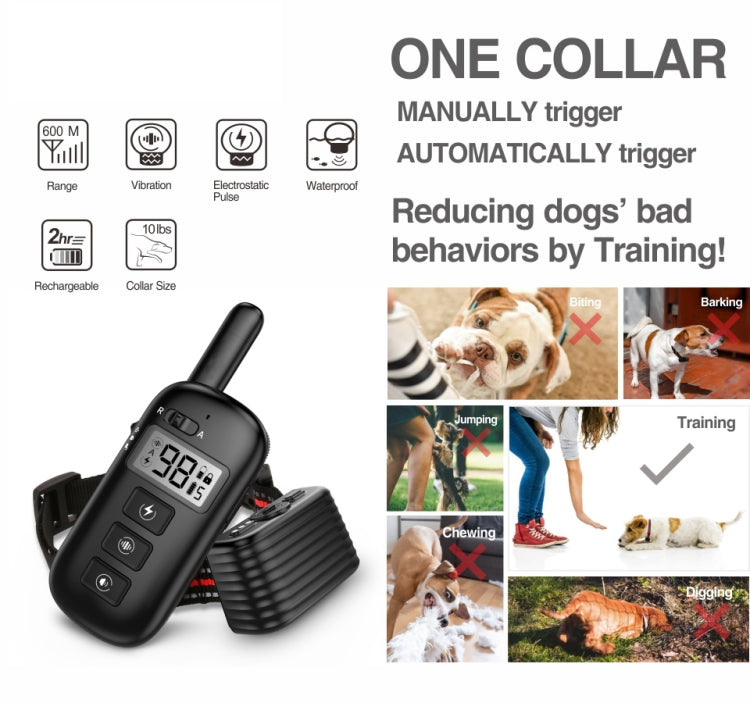 Black remote control bark stop training dog collar device with handheld remote.