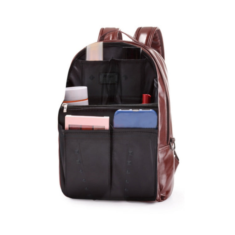 Dark schoolbag organizer liner with divided front pockets and top zip opening