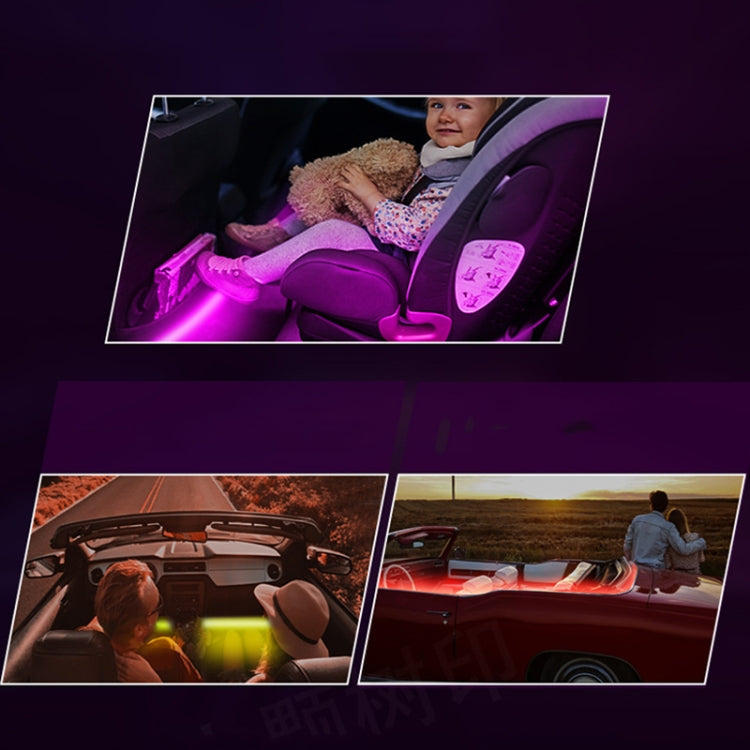 RGB car footwell LED lighting shown in multiple colors, including purple and yellow