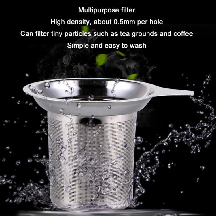 Stainless steel tea strainer with handle and fine mesh basket, splashed with water
