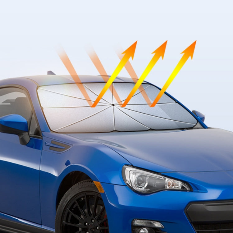 Car windshield sunshade unfolded over windshield, reflecting heat arrows