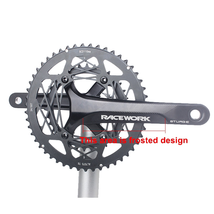 Racework road bike crankset with frosted design area on black crank arm