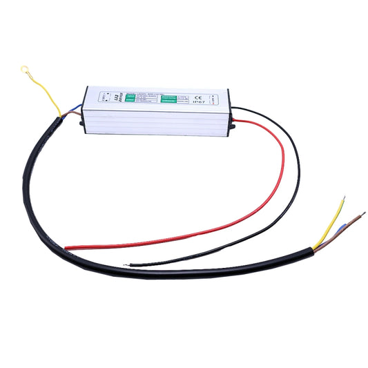 LED constant-current power driver with attached wires and rectangular metal housing