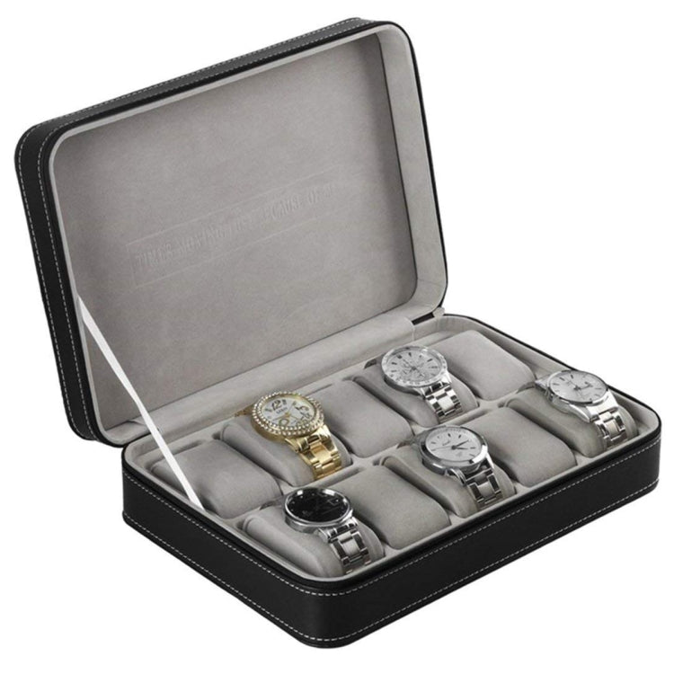 Open PU watch box with gray padding and multiple watch compartments