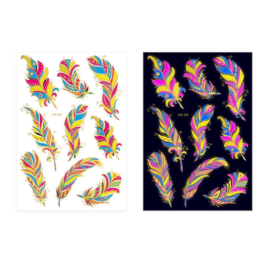 Assorted fluorescent feather tattoo stickers on two sticker sheets, colorful gold accents