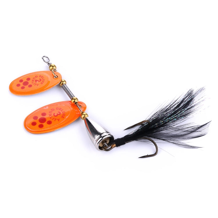 Orange-red feather spinner fishing lure with two oval blades and black feather tail
