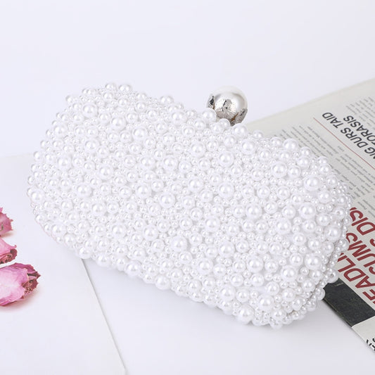 Pearl Evening Bag Soft Face Lock Ladies Shoulder Bag Crossbody Small Square Bag, White, Beige