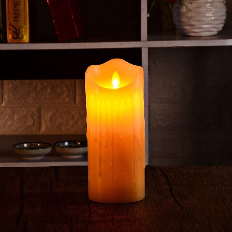 LED flameless candle glowing orange, cylinder with wax-drip design and flame