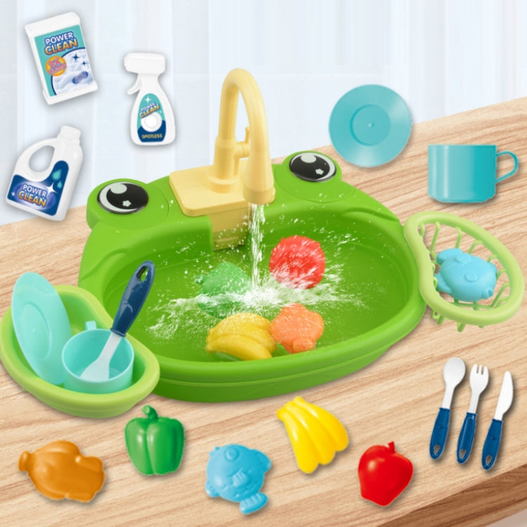 Children's electric toy dishwasher playset with green panda sink, utensils and colorful toy food