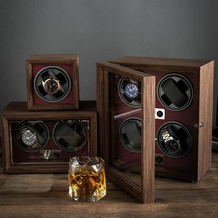 Wooden watch shaker and storage box set with rotating watch displays, black and red interior