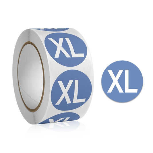 Round size label stickers roll with blue XL print, clothing and hat sizing labels