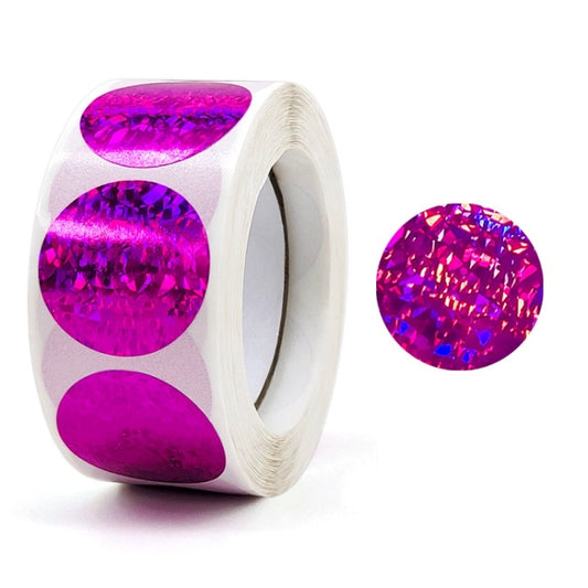 Decorative 25mm round seal stickers roll with magenta holographic circles