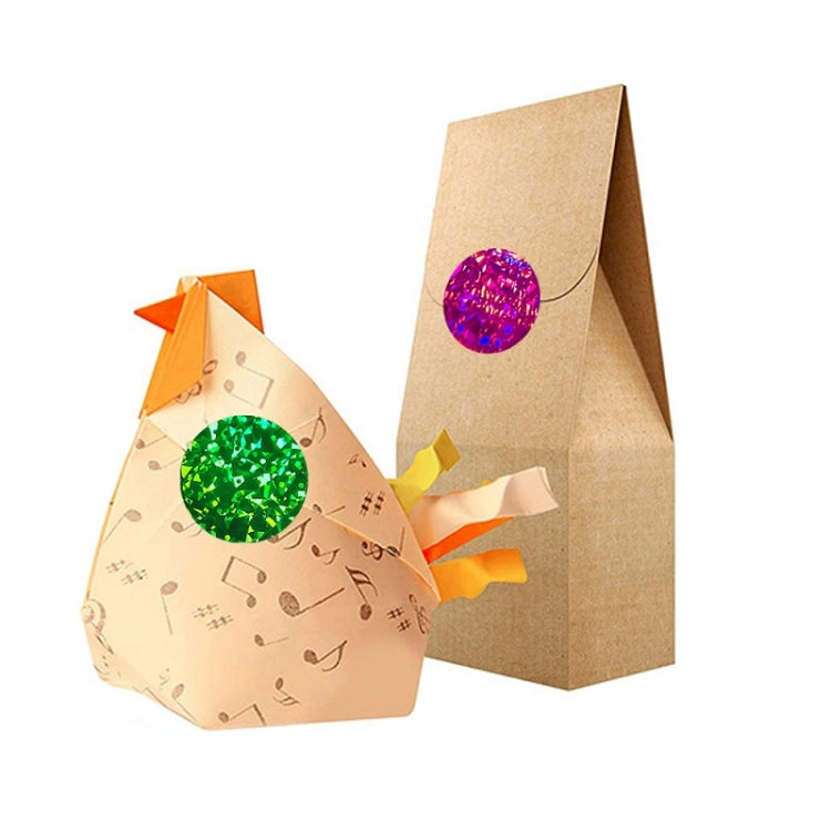 25mm holographic decorative envelope seal stickers on kraft gift bags, purple and green