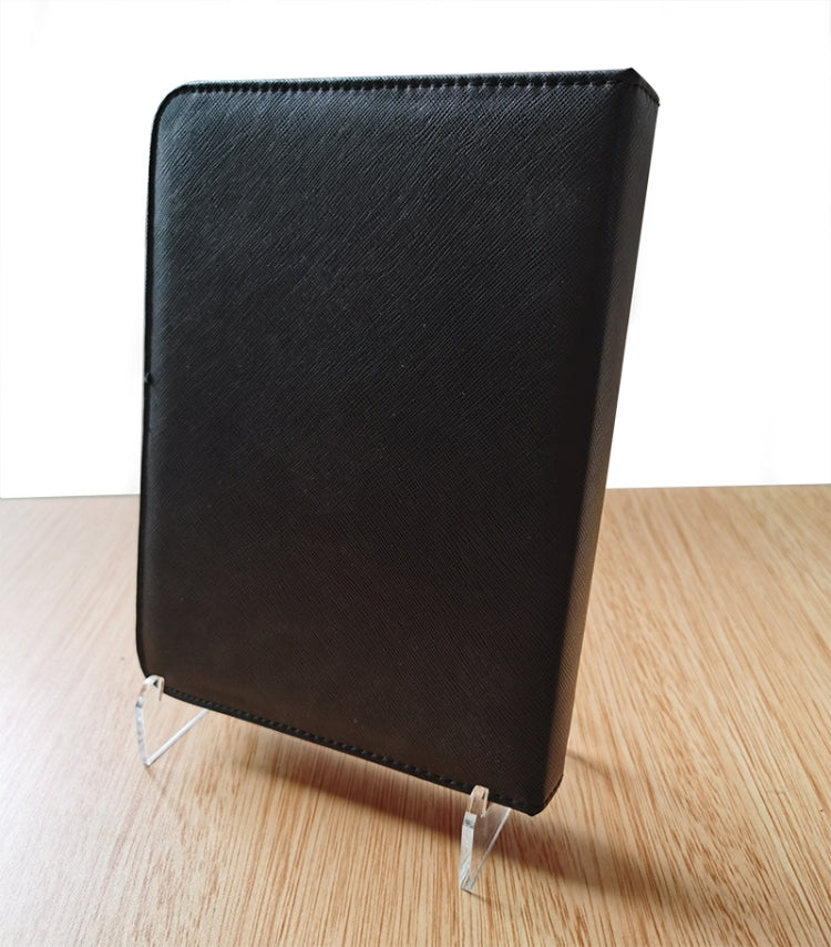 Black leather-look card panel with clear acrylic picture frame stand supports