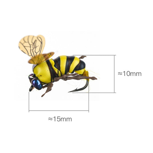 Floating fake bee bait with size markers ~15mm x ~10mm, yellow/black stripes