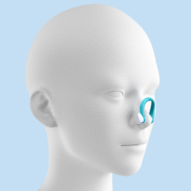 Silicone nose clip worn on a swimmer’s face with teal frame