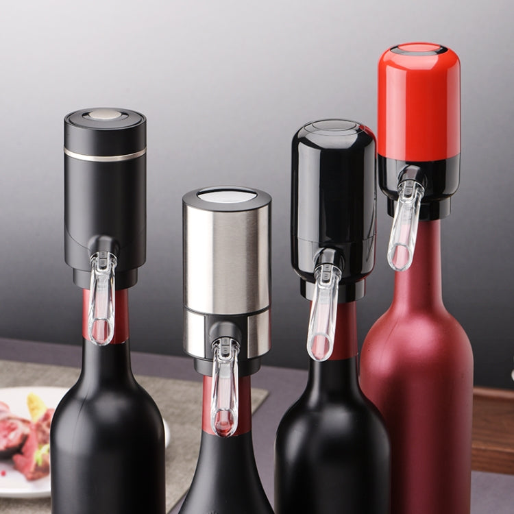 Wine aerator dispenser in black, stainless, and red colors on bottles