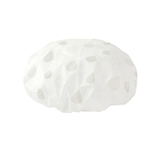 Waterproof shower hat in white with dark gray drop pattern, adult size