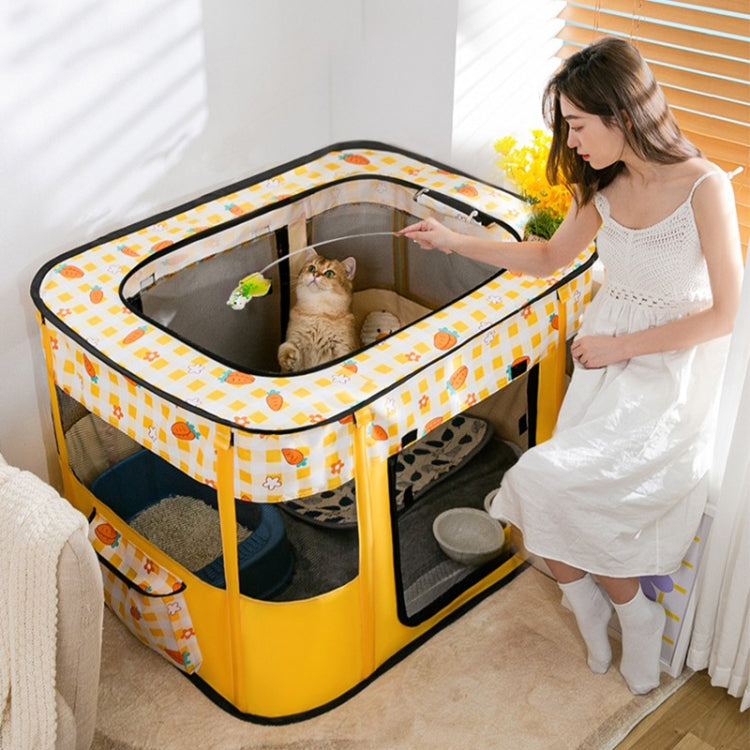 Yellow foldable pet playpen with fruit pattern fabric panels, mesh window and cat inside