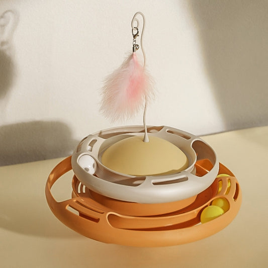 Cat planet tumbler turntable toy with pink feather teaser, orange and white base.