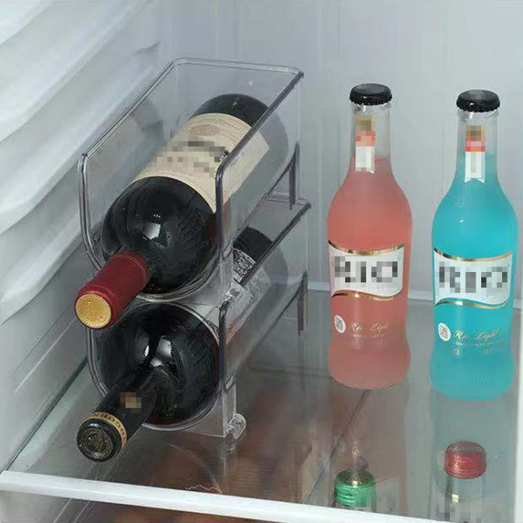 Clear PET beverage refrigerator rack holding dark bottles and two drinks upright