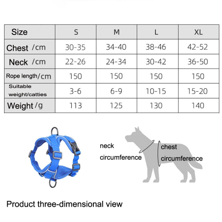 Dog chest strap vest size chart with chest and neck measurements for S to XL.