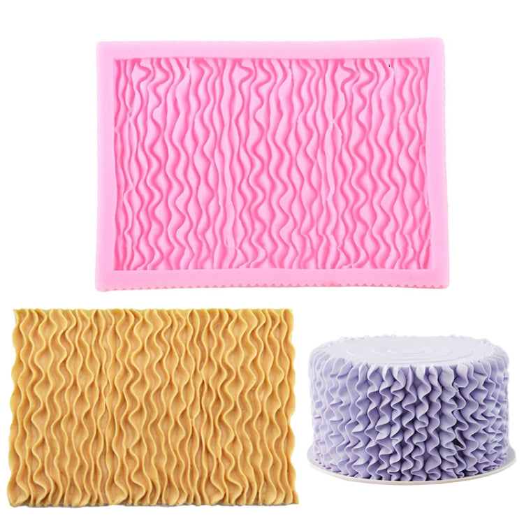 Pink silicone fondant mold with pleated ruffle texture; ruffle cake examples in yellow, lavender
