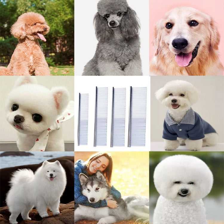 Stainless steel pet hair comb for grooming dogs with different coat types.
