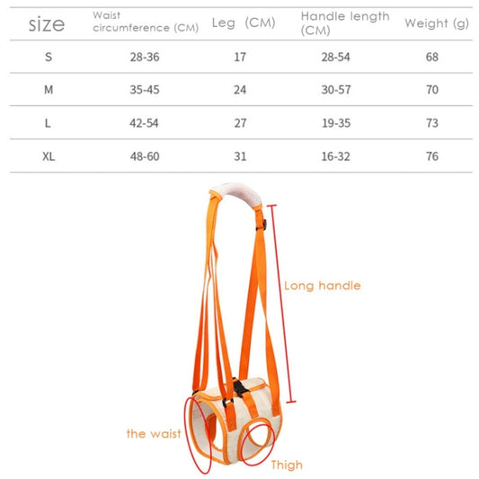 Orange-and-white dog support belt harness with long handle and leg openings