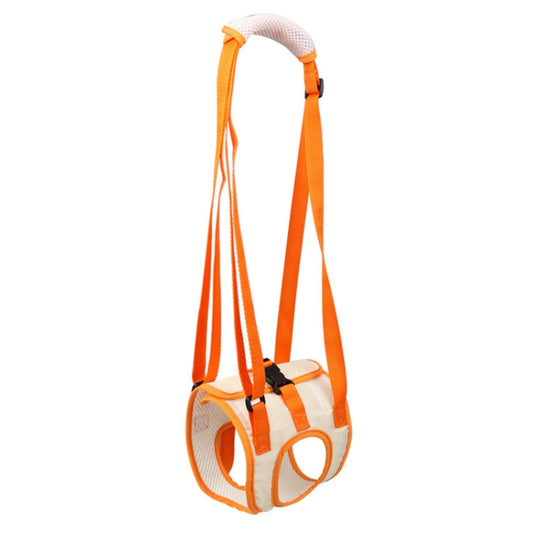 Orange-and-white dog postoperative support belt harness with leg openings and handle straps