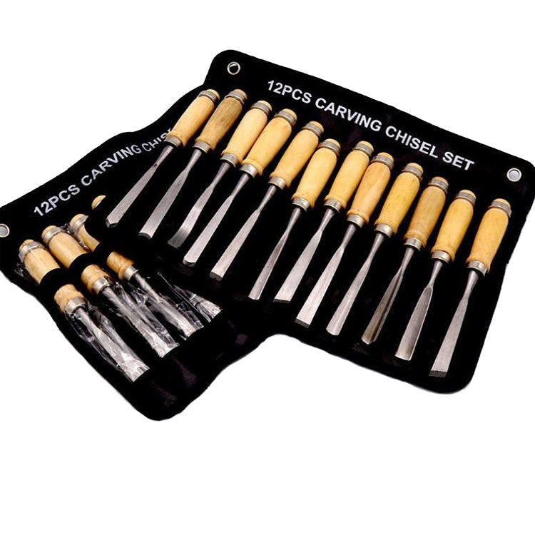 Folded black storage pouch showing 12 carving chisels with wood handles and steel tips