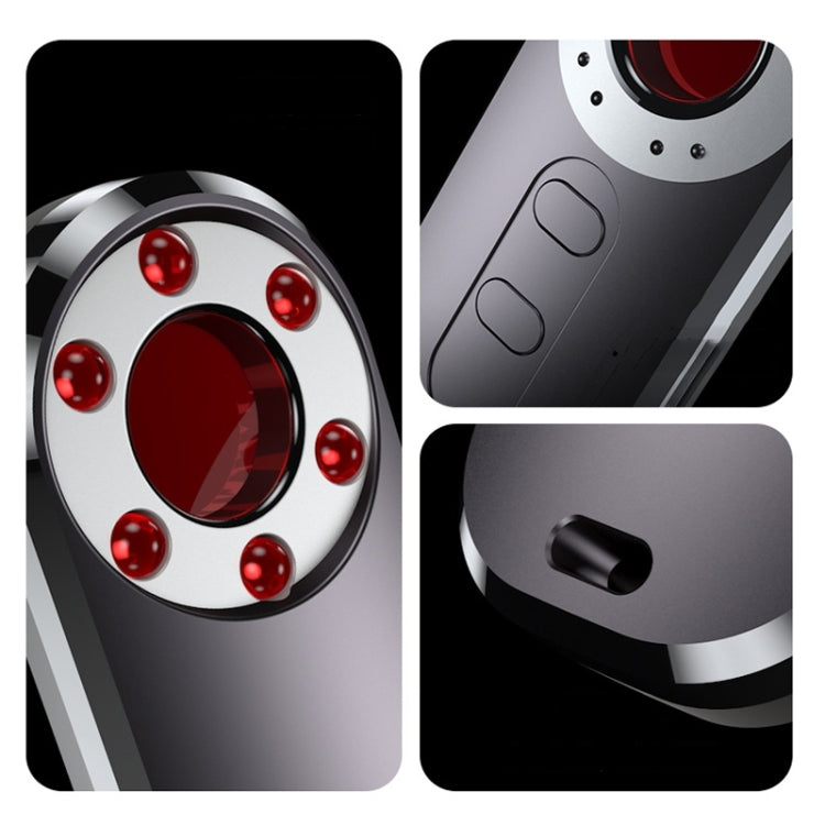 Wireless infrared detector detail collage showing red sensor face, buttons, and port
