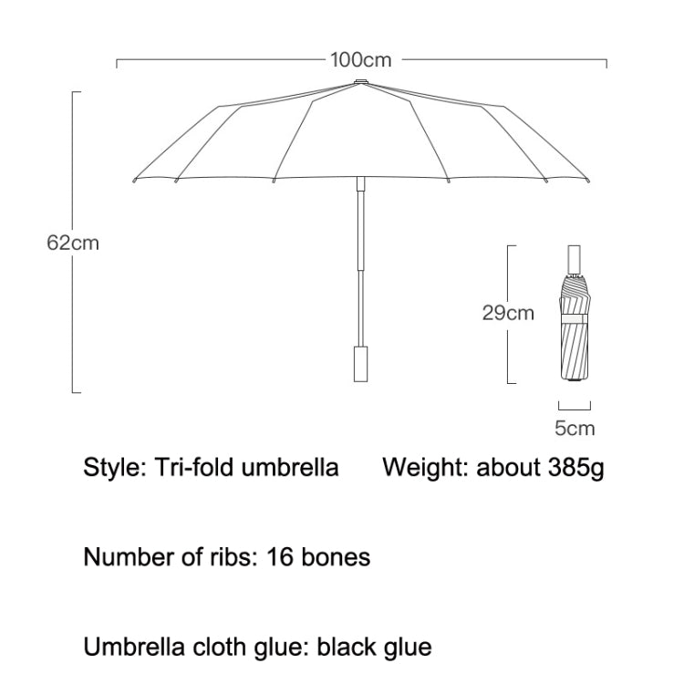 Tri-fold umbrella size diagram showing canopy, handle, and folded dimensions