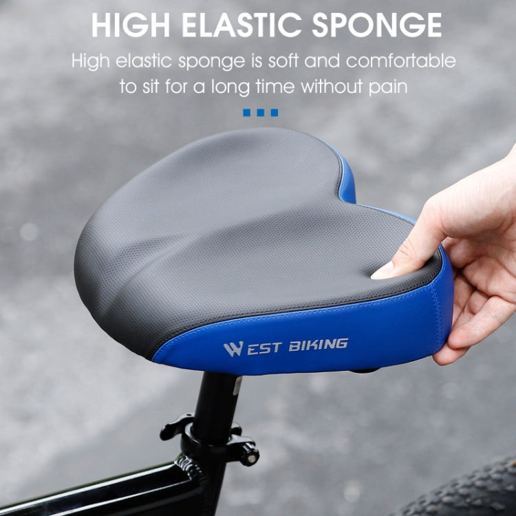 Ergonomic bicycle saddle with black top and blue side padding, hand adjusting.