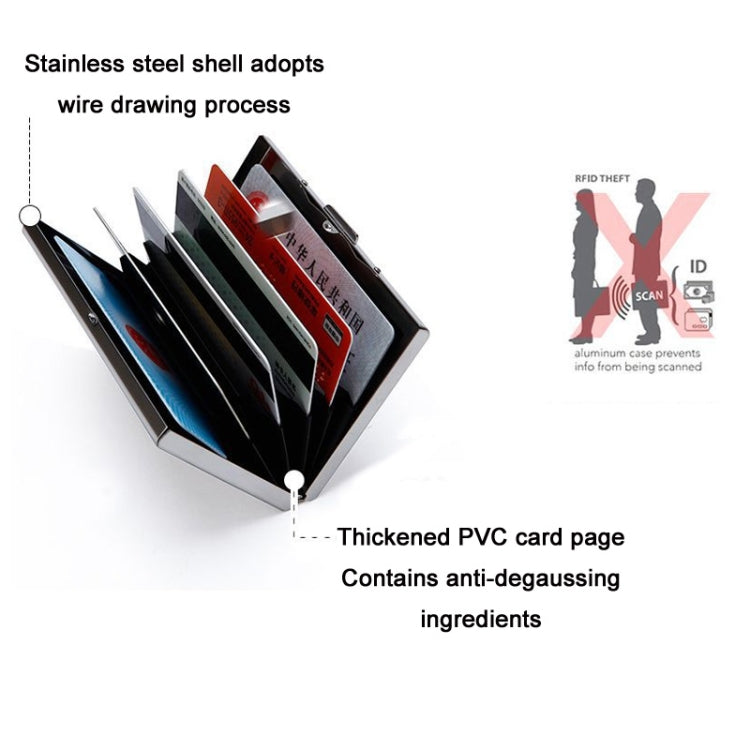Metal RFID card box open, showing layered anti-degaussing card pages and slots
