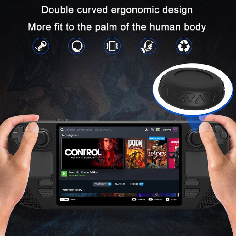 Black silicone cover with button caps, curved ergonomic shape, held with both hands