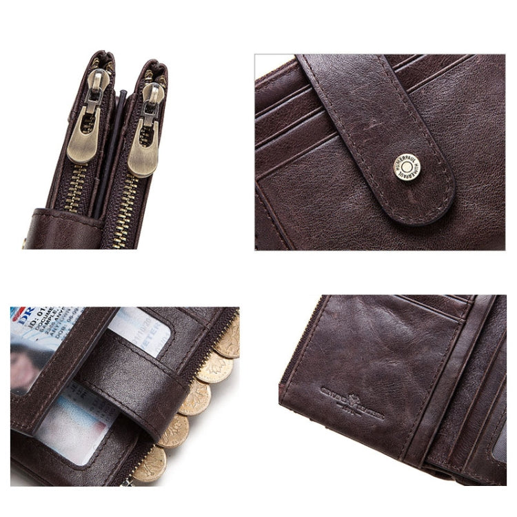 Close-up of dark brown leather RFID wallet with dual zipper pull tabs and card slots
