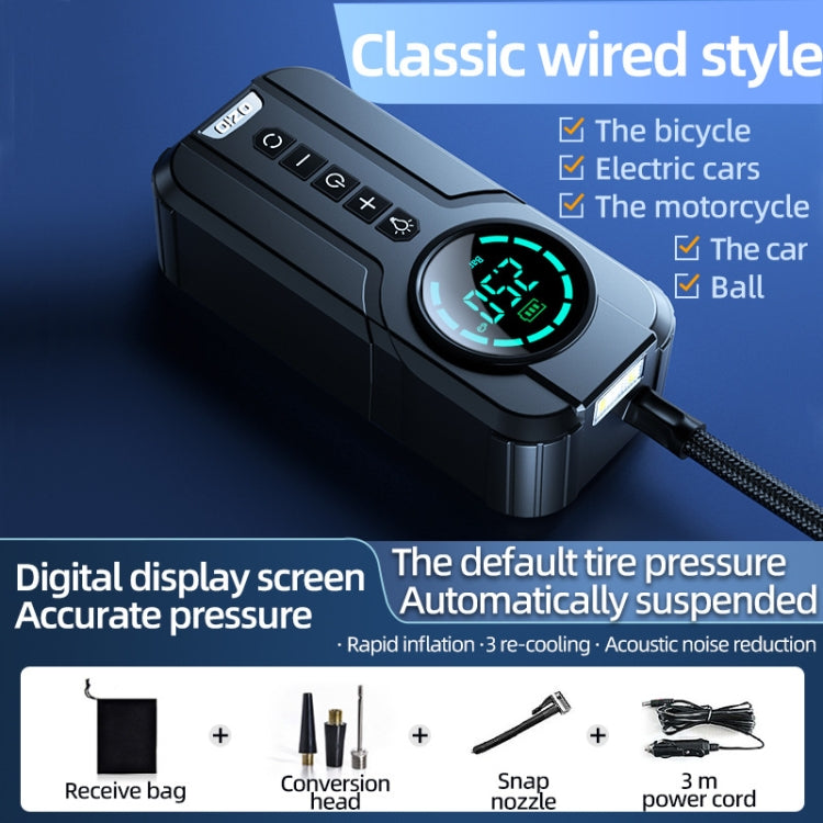 Compact wired air pump with LED display, top buttons, and attached braided hose