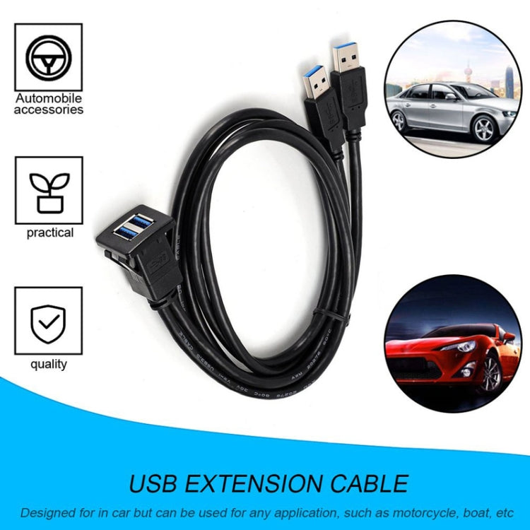 Black USB 3.0 dual-port extension cable with USB-A male to dual ports for dashboard