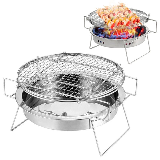 Round stainless steel grill with wire grate and two handles for lifting