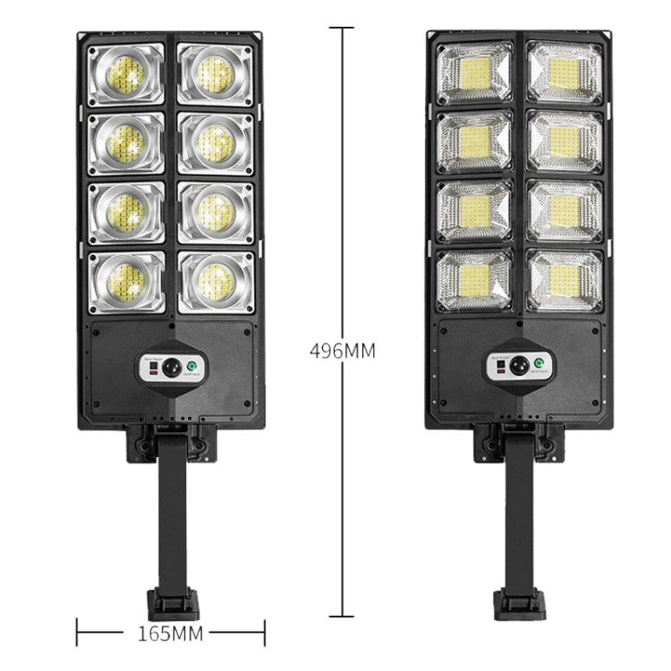 Dual-row solar LED road light front view with size markings, black pole mount