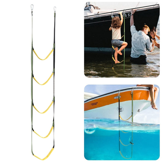 Green rubber boat boarding ladder with five yellow loops.