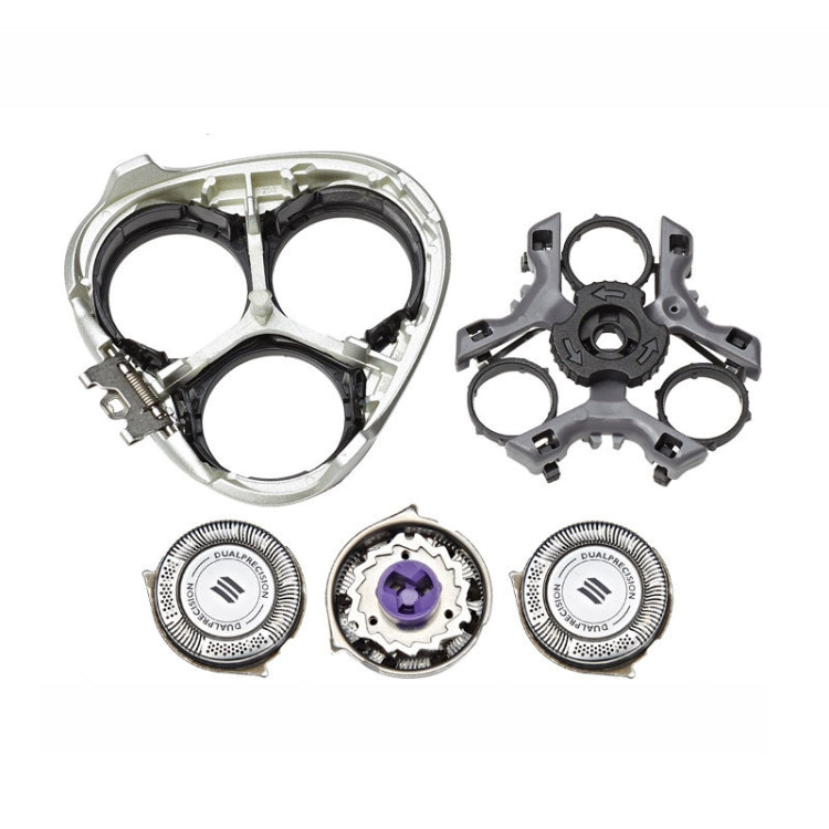Shaver replacement head parts set: three cutters, frame, and gear components in silver