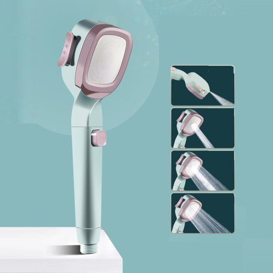 Pressurized handheld shower head with pink filter face and silver handle, four spray modes