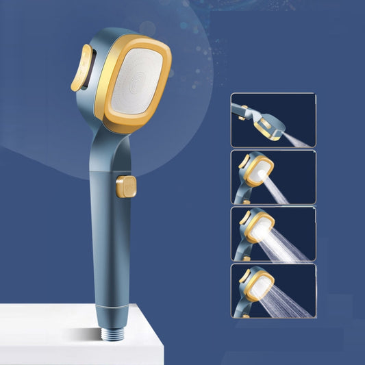 Pressurized handheld shower head with gold filter face and silver handle, four spray modes