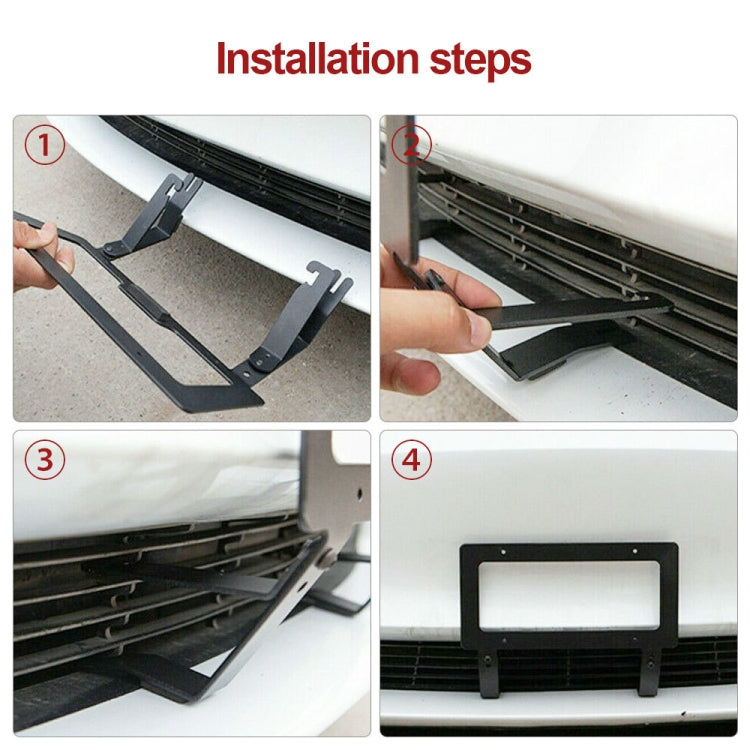 License plate bracket installation steps shown on a vehicle front grille area