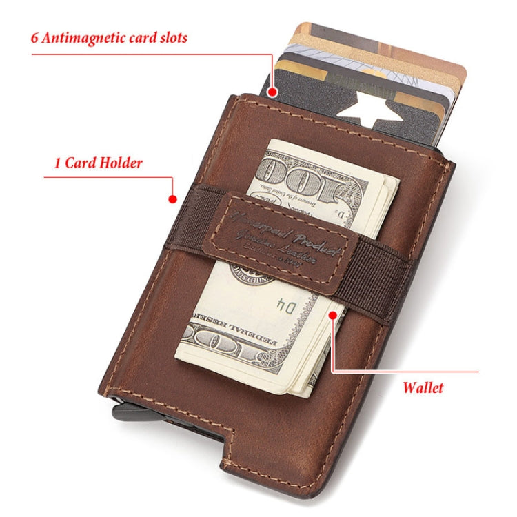 Brown RFID leather card holder with six card slots and cash pocket.