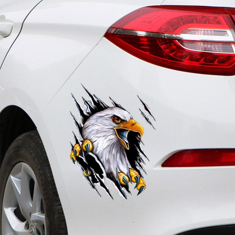 Eagle head 3D car sticker decal with orange beak and talons, white-gray plumage, flame lines